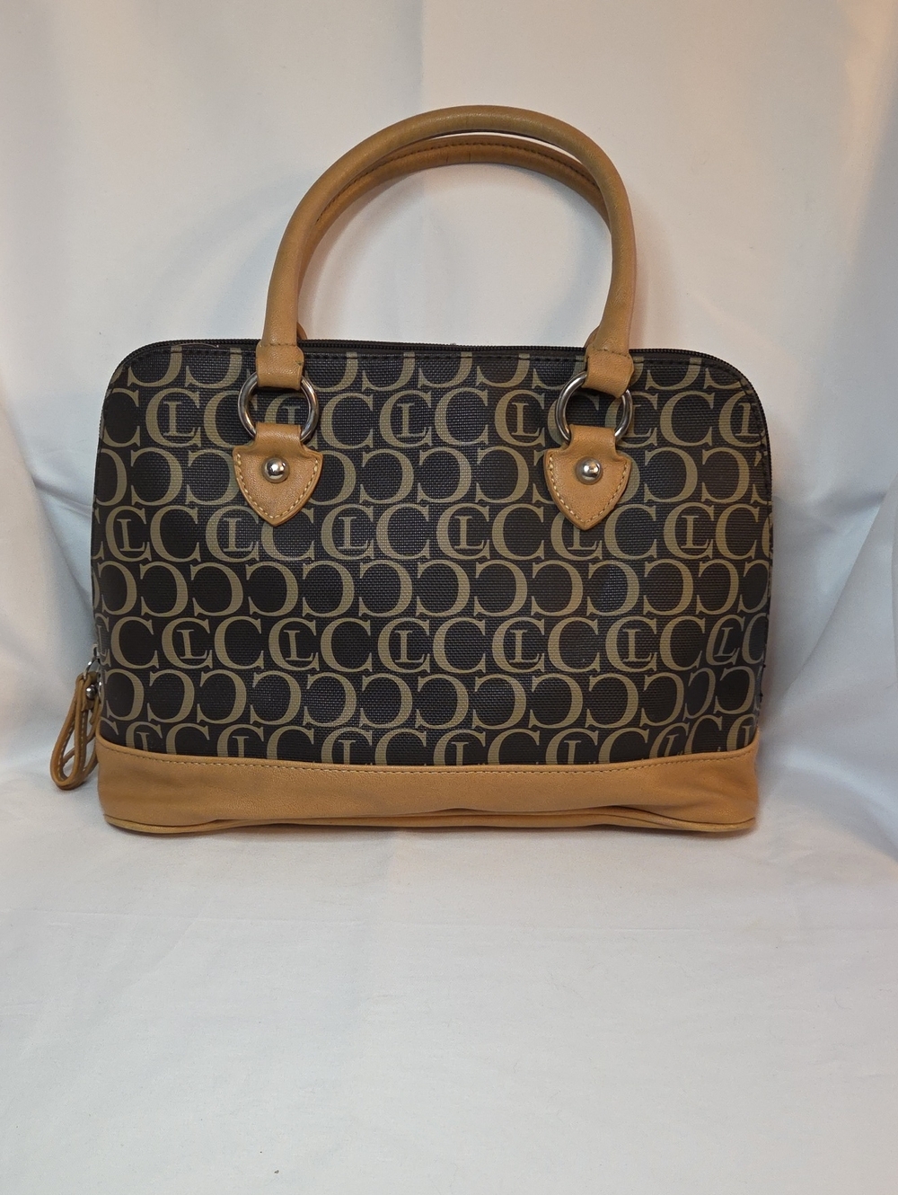 Classic Brown and Tan Monogram Satchel with Tan Leather Trim